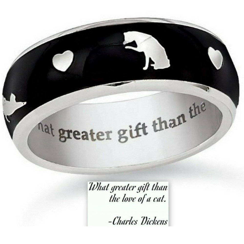 Cat ❤️ Ring "What Greater Gift than Love of a Cat" Stainless Steel Black 7mm